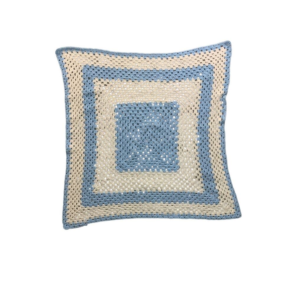 Vintage Crochet Afghan Blanket Throw 38" Square Blue White